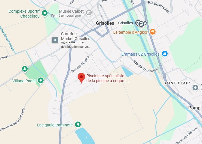 Plan de Grisolles : Localiser un Pisciniste Piscine à Coque Carte de Grisolles localisant un pisciniste spécialiste de la piscine à coque et commerces environnants.